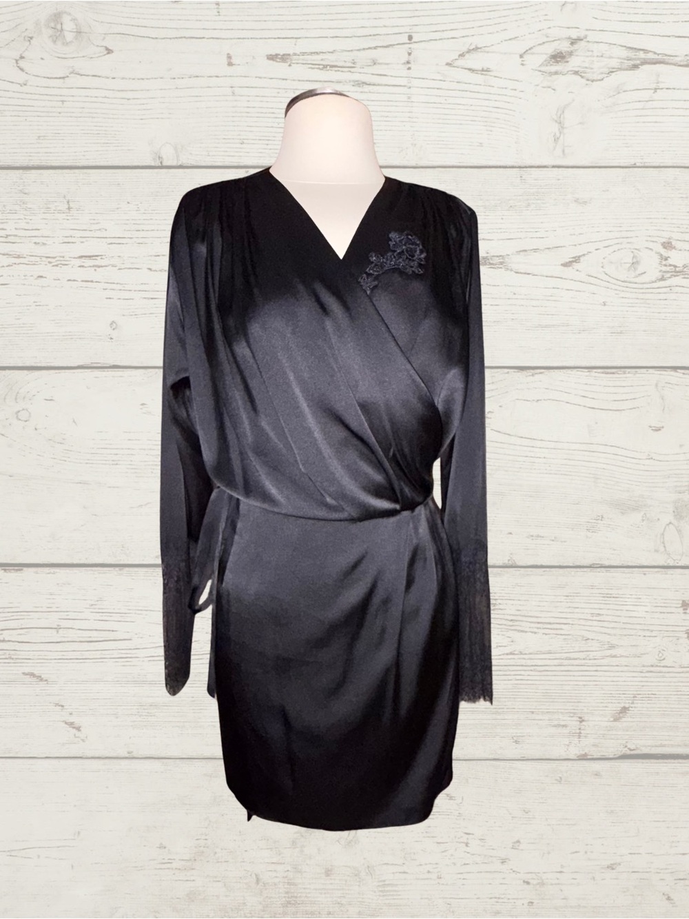 Amoralle Pure Silk Kimono Wrap Robe Black Lace Long Sleeve Belted Luxury Sz L